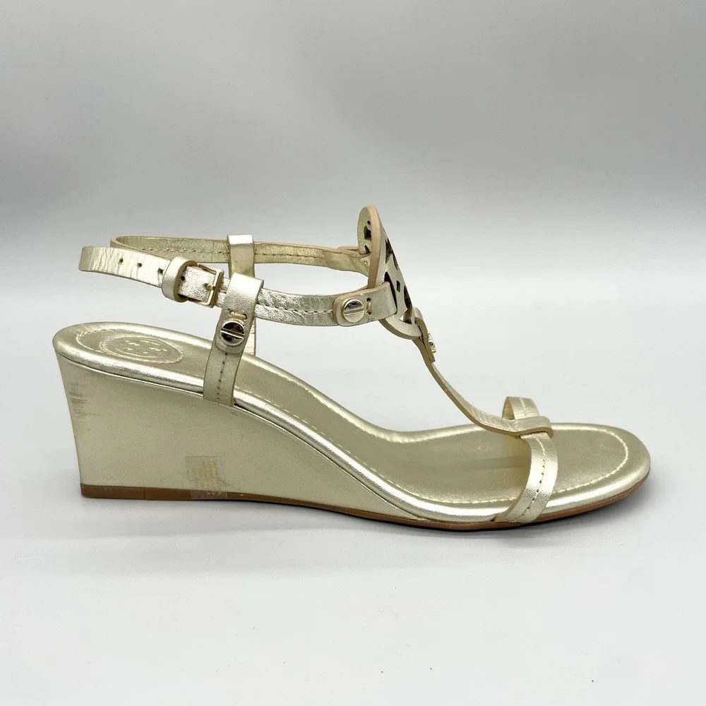 Tory Burch Miller T Strap Wedge Sandals Womens 7M Metallic Gold Leather Logo